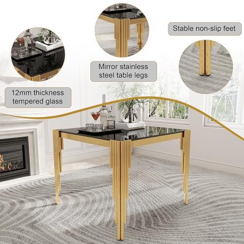 35'' Modern Square Glass Dining Table for 4 People (Gold-black / Square-35.43" L x 35.43" W x 29.53" H)