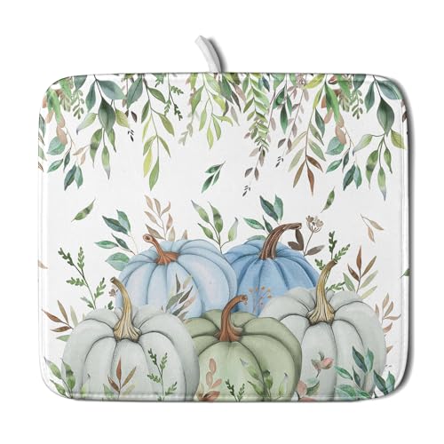 Fall Blue Pumpkin Dish Drying Mat Autumn Harvest Dishes Pad 16"x18" Microfiber Quick Dry Dish Drainer Rack Mats Kitchen Counter Accessories (Blue Pumpkin Leaf / 16x18 inch)