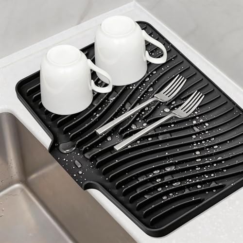 Silicone Dish Drying Mat for Kitchen Counter (Black-1pc / 16" x 12")