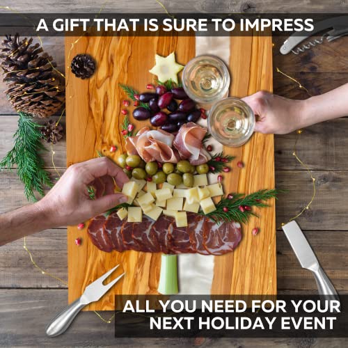 Handcrafted Italian Olive Wood Cheese & Charcuterie Board Set with Unique White Pearl Resin Artwork (White Pearl)