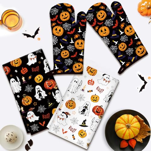 Halloween Pumpkin Kitchen Towels and Oven Mitts Set (Halloween)