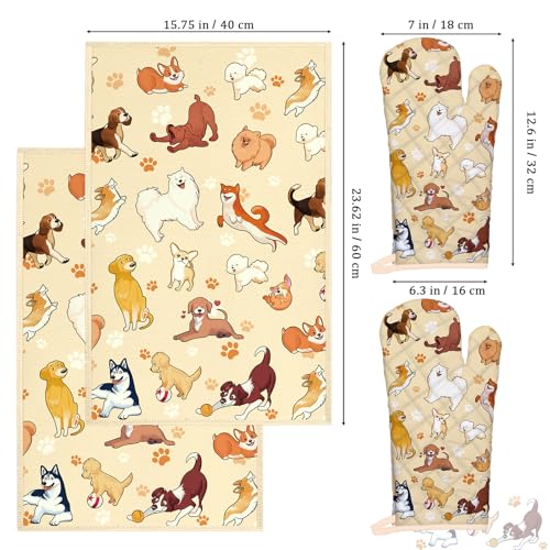Cute Dogs Kitchen Towels and Oven Mitts Set 4Pcs (Dog)