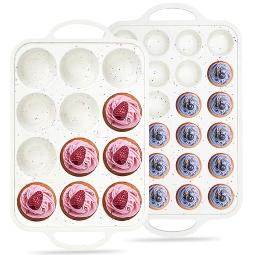12+24 Cups Silicone Muffin Pans for Baking with Metal Frame (Cream / Mini+Regular)