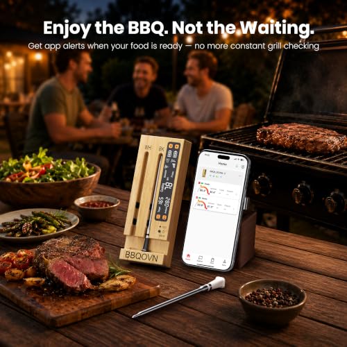 WiFi Sub 1G Wireless Meat Thermometer Unlimited Range 7 NIST Certified Sensors with Ambient Temp 2 Temp Monitoring Ways Digital Smart Base and App for BBQ (2-Probe-Bamboo)