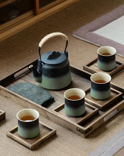 Japanese Teapot Set with 4 Cups (Black & Pea Green / 33.8oz Teapot&4 of 8oz Cups)