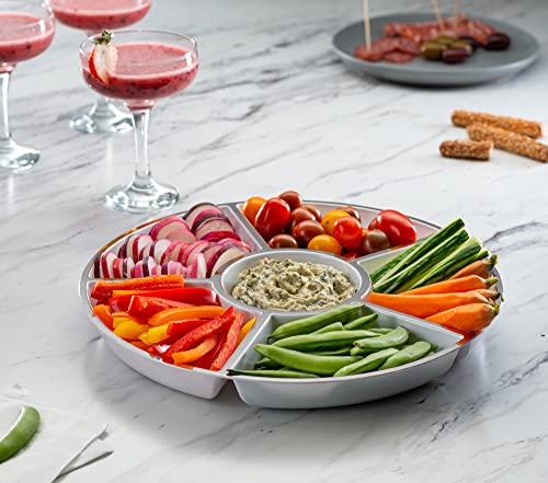 6 Sectional Round Plastic Serving Tray (White & Silver)
