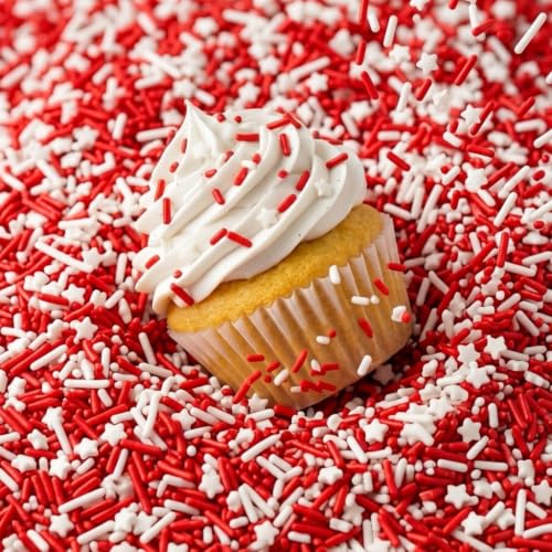 Sprinkles Edible Cake and Cupcake Sprinkles with Assorted Shapes and Sizes for Parties (Red White)