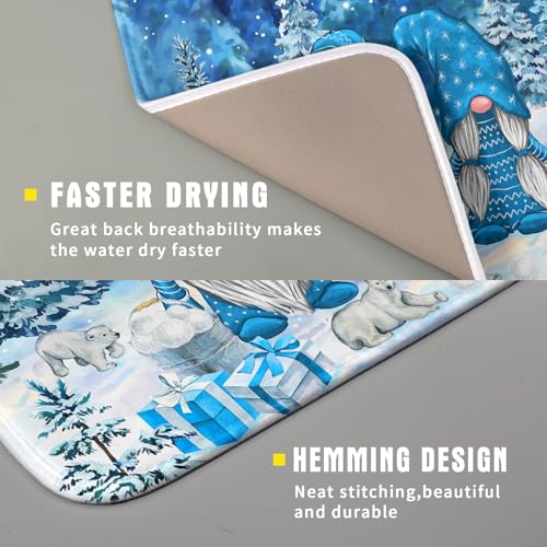 Winter Blue Gnome Dish Drying Mat for Kitchen Counter Pine Tree Microfiber Dish Pad Absorbent Reversible Fast Dry Draining Mats 16x18 Inch (Blue Winter Gnome / 16" x 18")