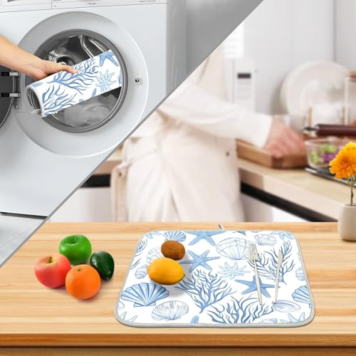 Nautical Coastal Dish Drying Mat for Kitchen Counter Absorbent Microfiber Small Summer Ocean Themed Seashell Coral Starfish Drying Pad Dish Mats for Kitchen Countertops 16 x 18 Inch (18" x 16")