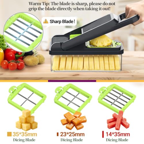 15-in-1 Vegetable Chopper 10 Blades, Veggie Cutter with Handle, Green/Grey (Green / 10 blades)