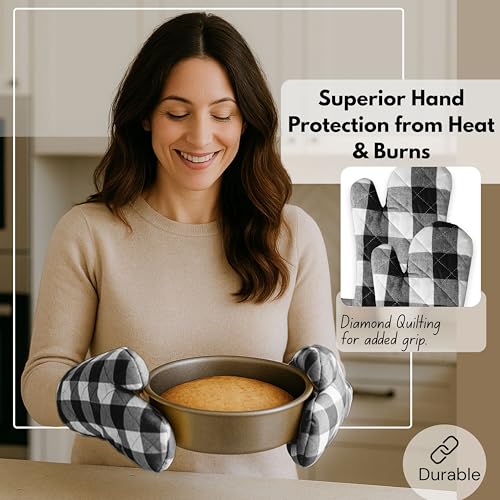 Buffalo Plaid Check Oven Mitts and Pot Holders Set of 4 (Buffalo, Black)