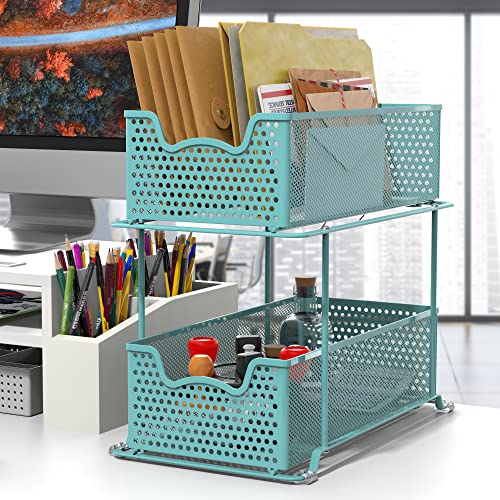2 Tier Sliding Cabinet Basket Organizer Drawer (Turquoise / 1-Pack)