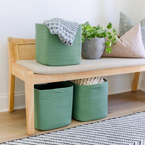 Storage Cubes 11 Inch Cotton Rope Woven Baskets for Organizing (Green)