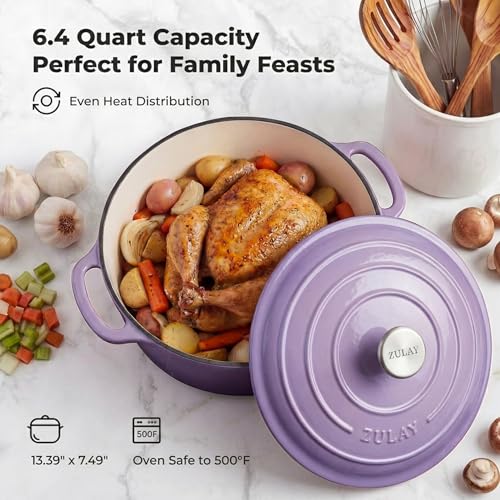 6.4QT Enameled Cast Iron Dutch Oven Pot with Lid (Lavender Jade / 6.4 Quart)