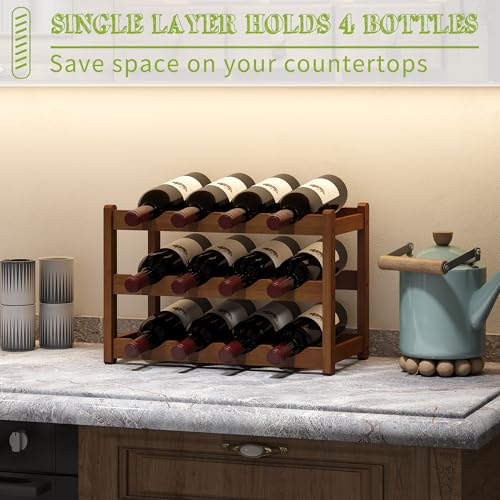 Bamboo Wine Rack Wine Storage Cabinet Shelf 12 Bottle Wine Racks Countertop Sturdy for Kitchen Dining Room Pantry (Brown / 3 Tier)