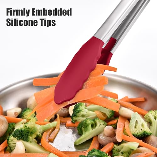 Kitchen Tongs with Silicone Tips for Cooking Serving (12in / Red)