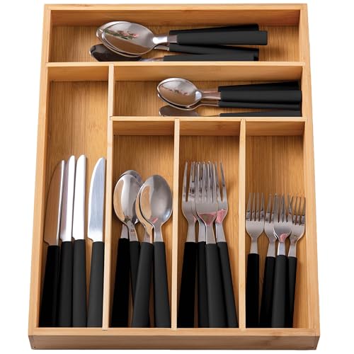 Bamboo Kitchen Utensil Set with Drawer Organizer (Black / 25 Piece Cutlery Set)