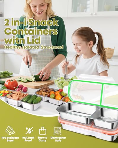 2 Pack Stainless Steel Snack Containers (2 compartment Orange Green)
