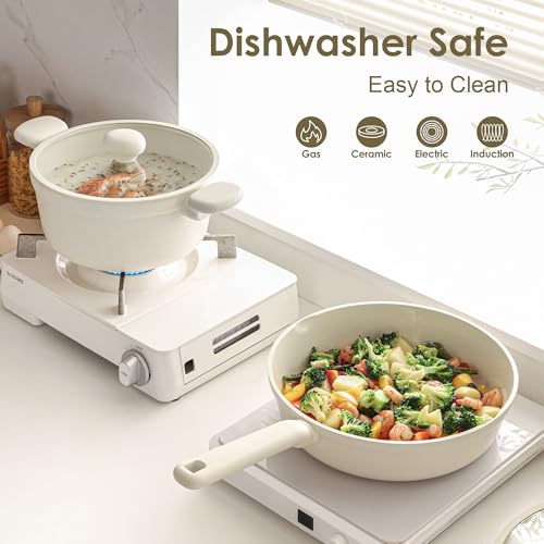 Ceramic Nonstick Pots and Pans Set (Creamy White / 17pcs)