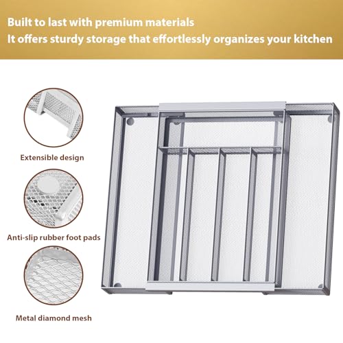 Silverware Organizer Metal Mesh (Silver / Expandable 9.6"~16.1" x 13.8")
