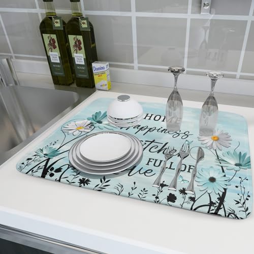 Blue Daisy Dish Drying Mat 18x24 Inch Love Kitchen Absorbent Microfiber Washable Fast Drying Pad Dishes Rack Mat for Kitchen Counter (home happiness blue / 18" x 24")