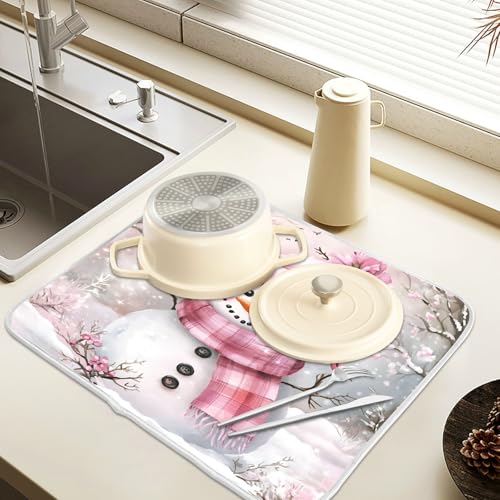 Winter Pink Snowman Dish Drying Mat for Kitchen Counter Absorbent Microfiber Christmas Large Drying Pad Dish mats for Kitchen Countertops 18 x 24 Inch (Christmas Pink Snowman / 24" x 18")
