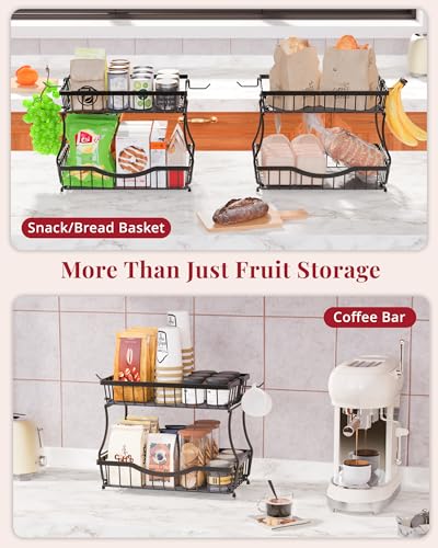 Large 2 Tier Fruit Basket for Kitchen Counter with 2 Banana Hangers (Black)