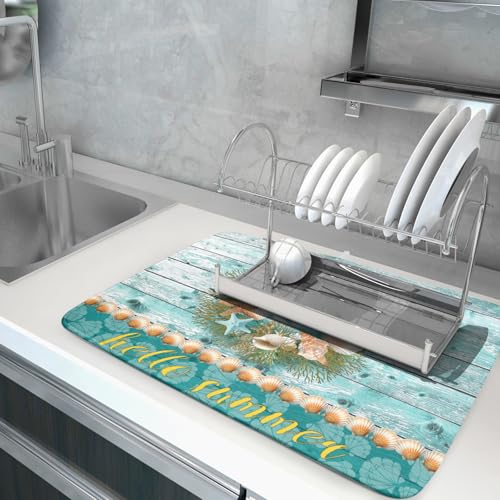 Coastal Wreath Dish Drying Mat 18x24 inch Starfish Shell Absorbent Microfiber Dish Rack Mats Drainer Pad Kitchen Countertop Accessories (Coastal Wreath / 18" x 24")