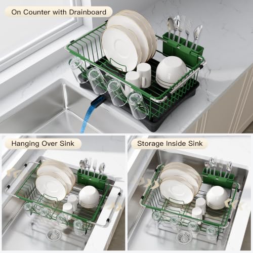 Green Dish Drying Rack in Sink with Drainboard and Utensil Holder (Green / For 12"-30"w Sink, with Drainboard)