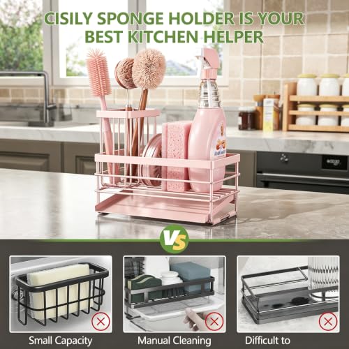 Pink Sink Caddy Sponge Holder for Kitchen with Brush Holder and Stainless Steel Self Drain Tray (8.26'' / Pink)