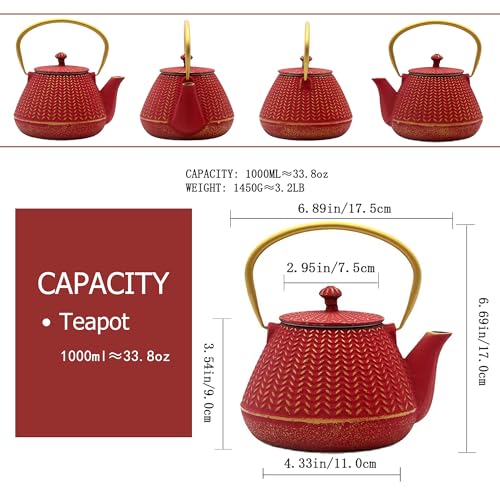 Small Cast Iron Tea Kettle for Stovetop Safe (Red, 1000ml/34oz)