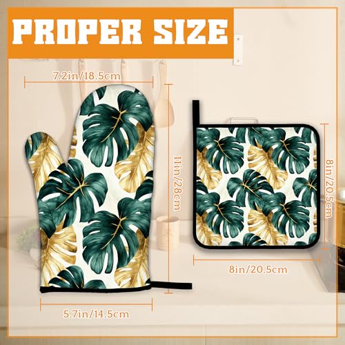 Palm Leaf Golden Tropical Oven Mitts and Pot Holders Set (4 Count)