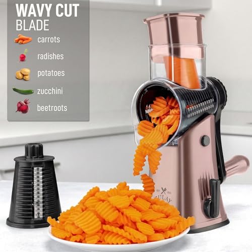 Rotary Cheese Grater Manual Hand Crank 5 Blade Shredder (5 Blades / Rose Gold & Black)