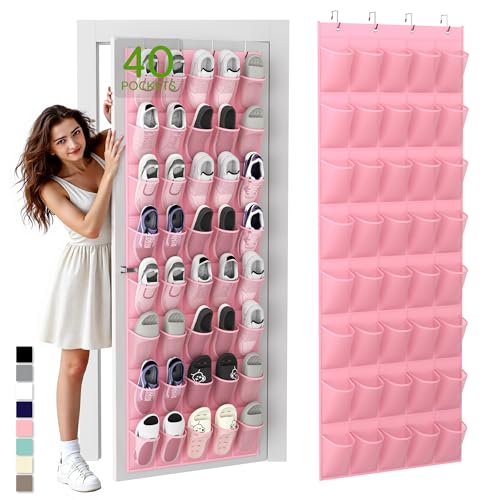 Over the Door Shoe Organizer with 40 Large Breathable Mesh Pockets (Pink / 40 Pockets)