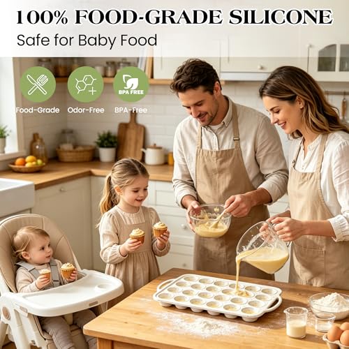 12+24 Cups Silicone Muffin Pans for Baking with Metal Frame (Cream / Mini+Regular)