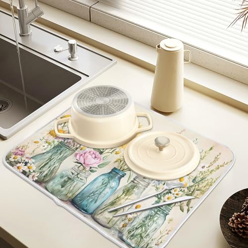Spring Summer Floral Jars Flowers Dish Drying Mat for Kitchen Counter Absorbent Microfiber Small Drying Pad Dish Mats for Kitchen Countertops 16 x 18 Inch (18" x 16")