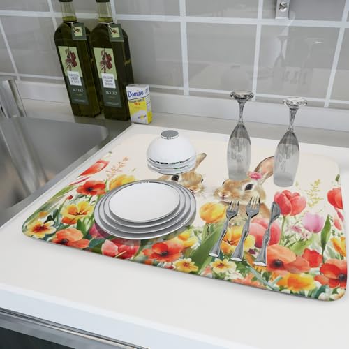 Easter Bunny Dish Drying Mat 18x24 inch Spring Floral Drying Pad Holiday Absorbent Microfiber Dishes Drainer Protector for Kitchen Counter (Bunny Floral / 18" x 18")