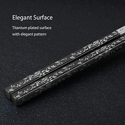 Stainless Steel Chopsticks Titanium Plated Metal Chopsticks Reusable Dishwasher safe Premium Japanese Korean Chopstick Laser Engraved Anti (A Black Silver)