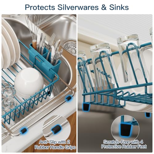 Blue Expandable Dish Drying Rack Over Sink with Extra Drying Mat (Blue / For 11.5"-16" W Sink with Cup Holder & Mat)