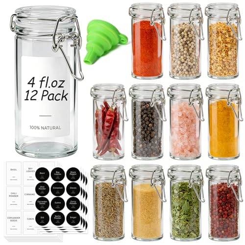Small Glass Spice Jars with Airtight Lids 4 oz 12 Pack with Labels (4 fl oz x 12)