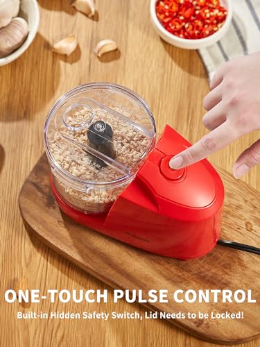 1.5-Cup One-Touch Electric Food Chopper, 100W Mini Food Processor Meat Grinder, Mix, Chop, Mince and Blend Vegetables, Fruits, Nuts, Meats, Stainless Steel Blade (Red) (Red)