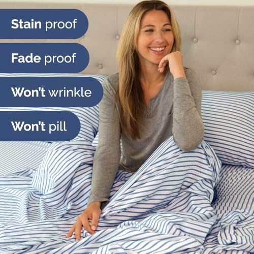 Short Queen Size 4 Piece Bed Sheet Set (43 - Blue Stripes 2 / Short Queen)