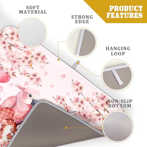 Red Bird Dish Drying Mat Large Absorbent Microfiber Dish Drying Pad for Lover Holiday Decor (Pink Love Bird / 24" x 18")