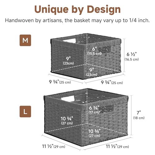 Wicker Baskets with Handles (Black (Paper Rope) / 11½"L x 11½"W x 7"H + 9¾"L x 9¾"W x 6½"H)