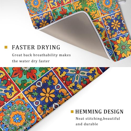 Mexican Tiles Dish Drying Mat for Kitchen Counter Absorbent Microfiber Dish Drying Pad Kitchen Gadgets Multi (Mexican Tiles Blue / 24" x 18")