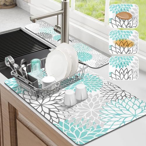 2Pcs Dish Drying Mat & Sink Splash Guard (Teal / 16" X 24" + 24" X 5.5")