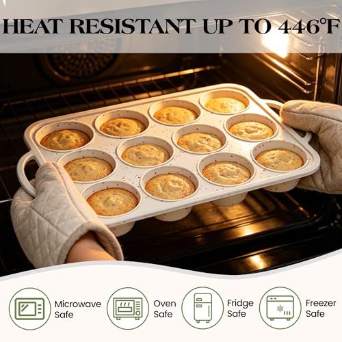 12+24 Cups Silicone Muffin Pans for Baking with Metal Frame (Cream / Mini+Regular)