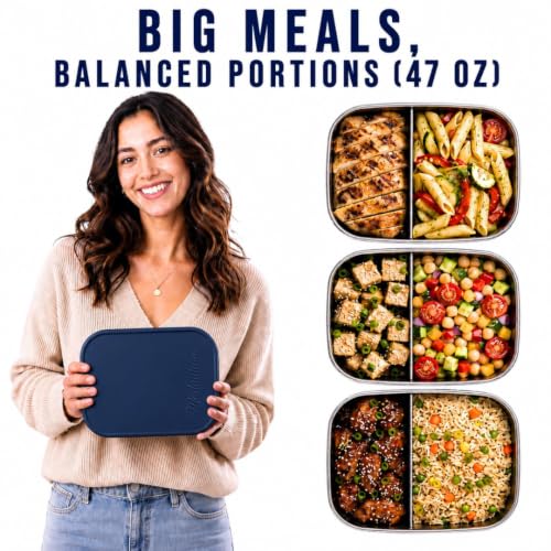 Flexibento Leak proof Stainless Steel Lunch Box Containers with Silicone Lids (ZA-Navy-47OZ-SetOf2)