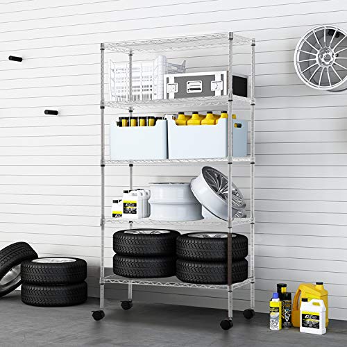 5 Tier Wire Shelf with Wheels (Chrome / 30×14×60)