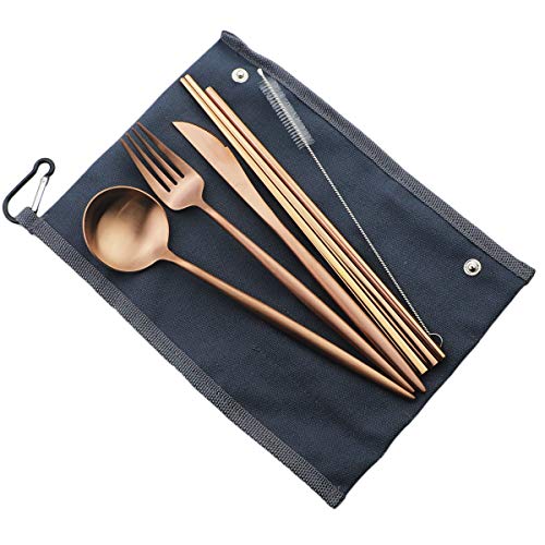 Reusable Travel Utensils (Blue Pouch / Rose Gold)